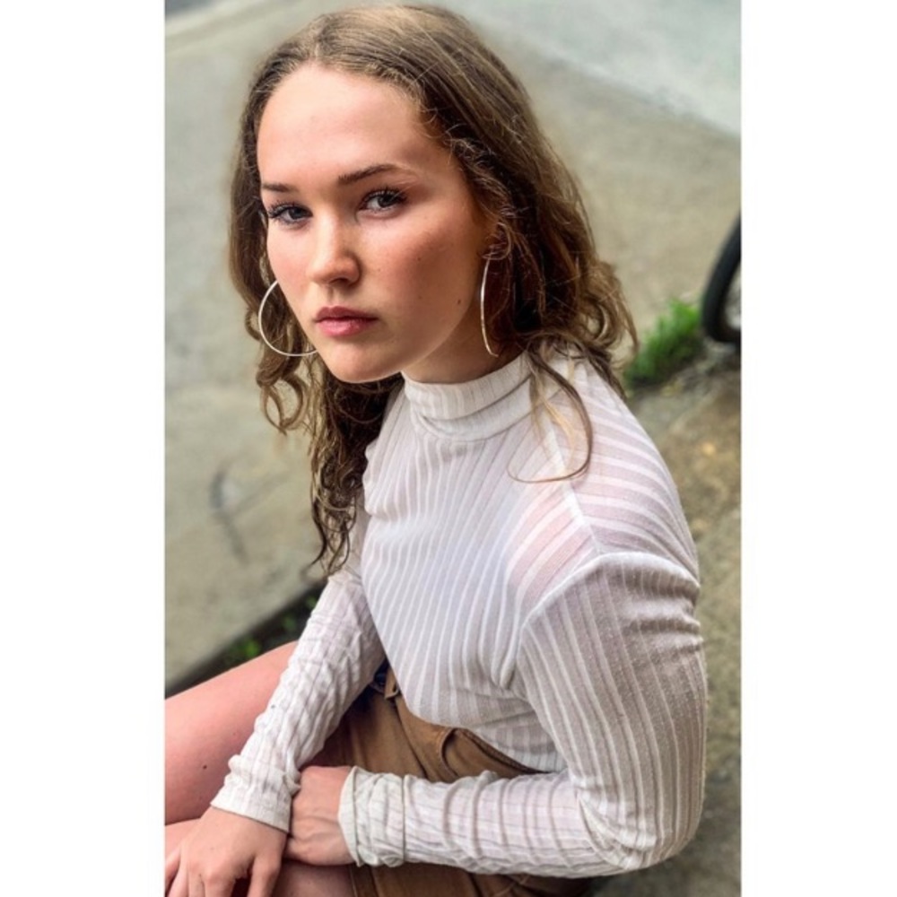 White knitted Mark Funnel Neck Long Sleeve